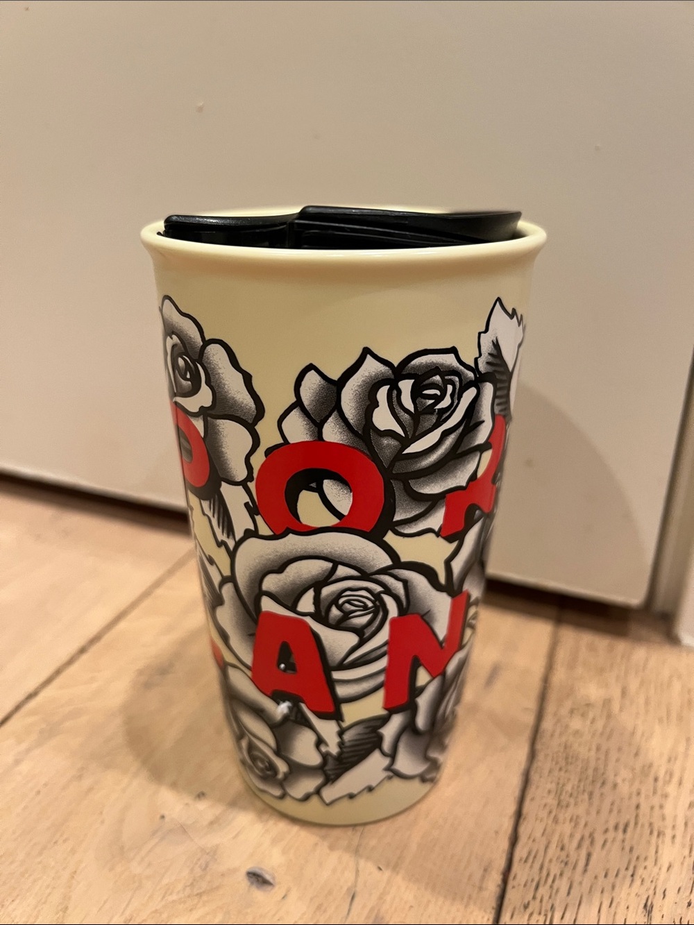 Starbuck Portland Floral Travel Tumbler with Red Lettering